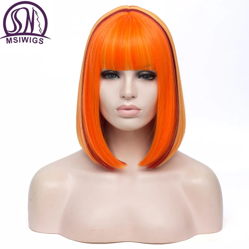 MSIWIGS Two Tones Bobo Cosplay Wigs Women Pink Blue Mixed Straight Wig