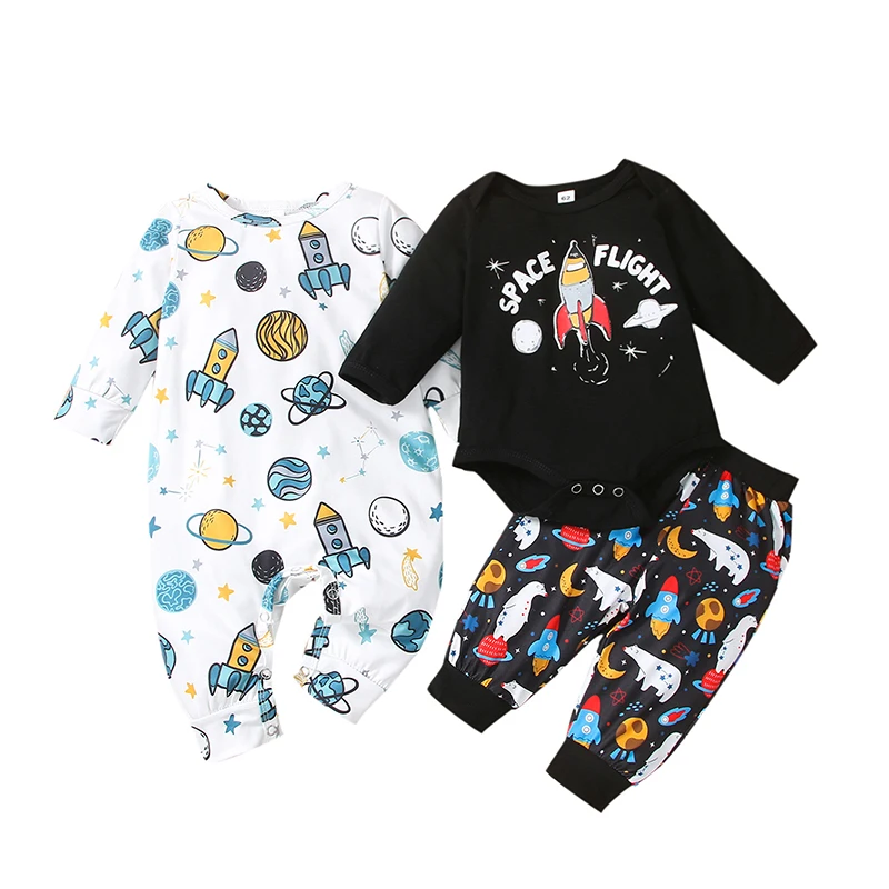 Baby Boys Girls Romper Set Rocket Print Long Sleeve Jumpsuit with Pants for Toddlers | Детская одежда и обувь