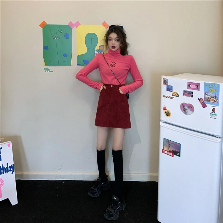 Флисовые футболки с вышитым котом, осенняя Водолазка с длинным рукавом, Harajuku Kawaii, женские теплые облегающие топы, уличная одежда W299