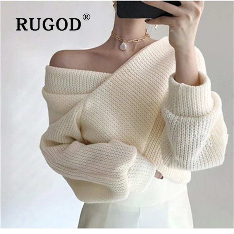 RUGOD, элегантный женский свитер,, Ретро стиль, сплошной, крест-накрест, рукав-фонарик, трикотаж, женская, Корейская, шикарная, зимняя, теплая, женская одежда