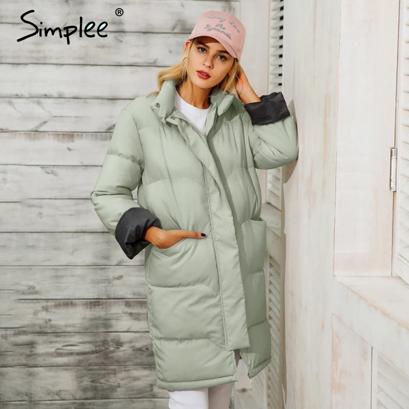 Simplee coton rembourré chaud noir parka femmes veste fermeture éclair poche vêtements d