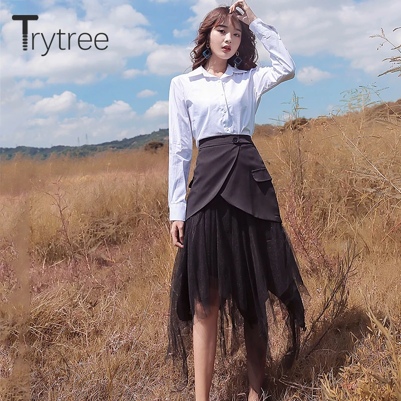 

Trytree Autumn Women Two Piece Set Single Breasted Blouse + Skirt Patchwork Mesh Irregular Hem Mid-Calf Office Lady 2 Piece Set