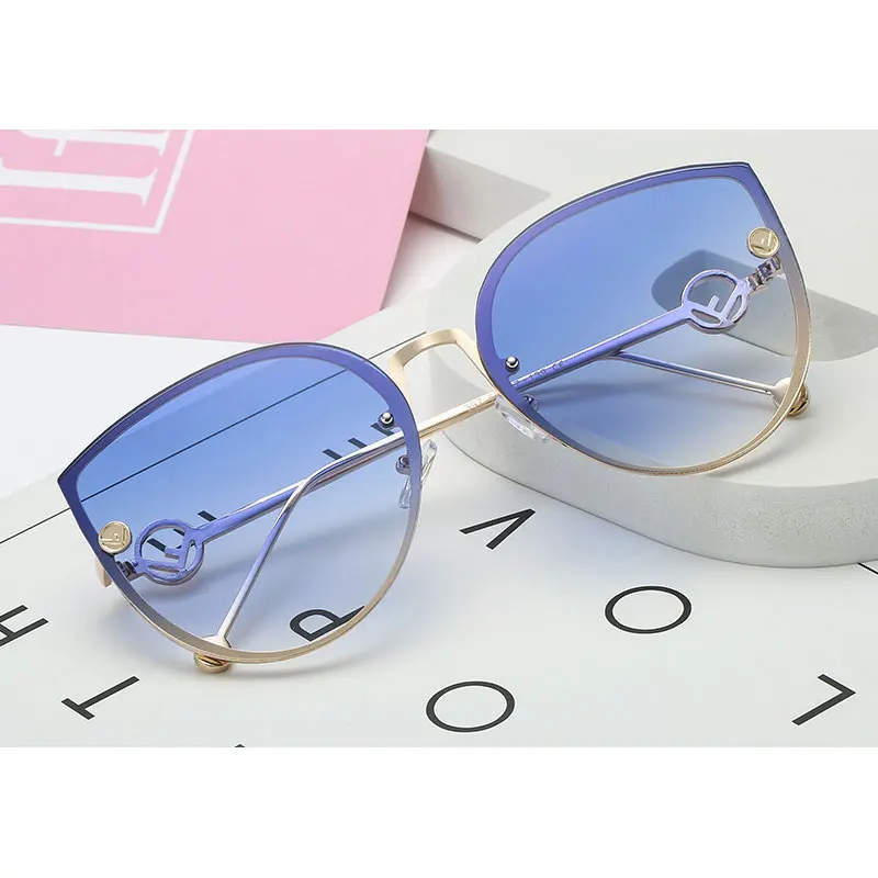 C7 Gradient Blue Новые солнцезащитные очки кошачий глаз женские роскошные очки Модные женские солнцезащитные очки с бесцветными линзами кошачий глаз женские очки без оправы градиентный - Цвет линз: C7 Gradient Blue