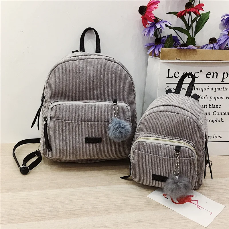 

South Korea Mini Small Double Back Corduroy Women's Solid Color Versatile Furry Ball Backpack Retro Simple Bag Solid Color All-m