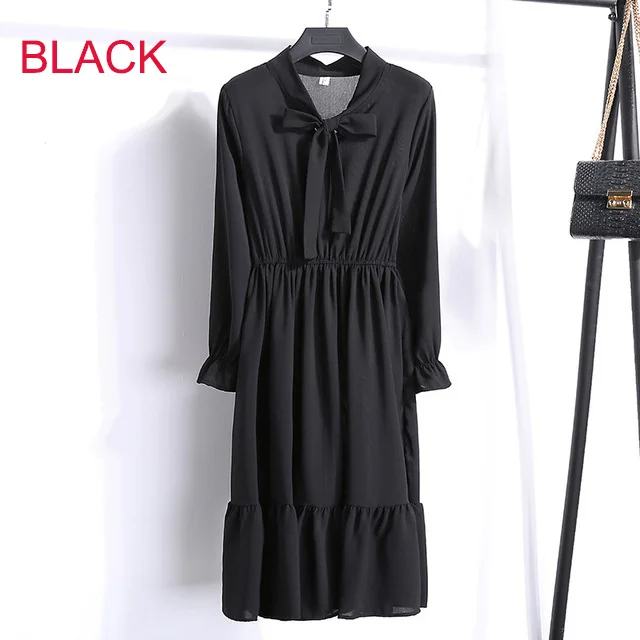 Black Корейская черная рубашка Vestidos для офиса в горошек, винтажные осенние платья, женское платье Pring, миди платье с цветочным рисунком и длинным рукавом для женщин - Цвет: Black