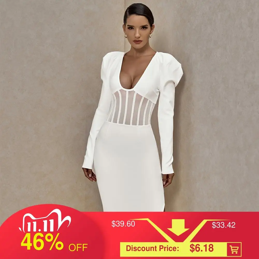 Ocstrade Sexy Plunge V Neck Long Sleeve Bandage Dress 2020 Runway Fashion Women Mesh Cinched Corset Waist White Bandage Dress|Dresses| - AliExpress