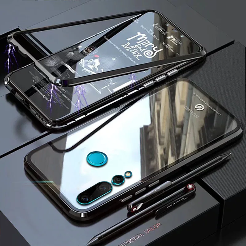 Чехол YonLinTan Coque для huawei Nova 4 4e Nova4 Nova4e Магнитная Рамка Жесткий металлический бампер односторонние чехлы для телефонов - Цвет: black