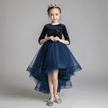 Осень-зима Новые детские для девочек, элегантное платье с короткими рукавами на день рождения Вечеринка, принцесса, со шлейфом, платье для детей и подростков хост платье для игры на фортепиано