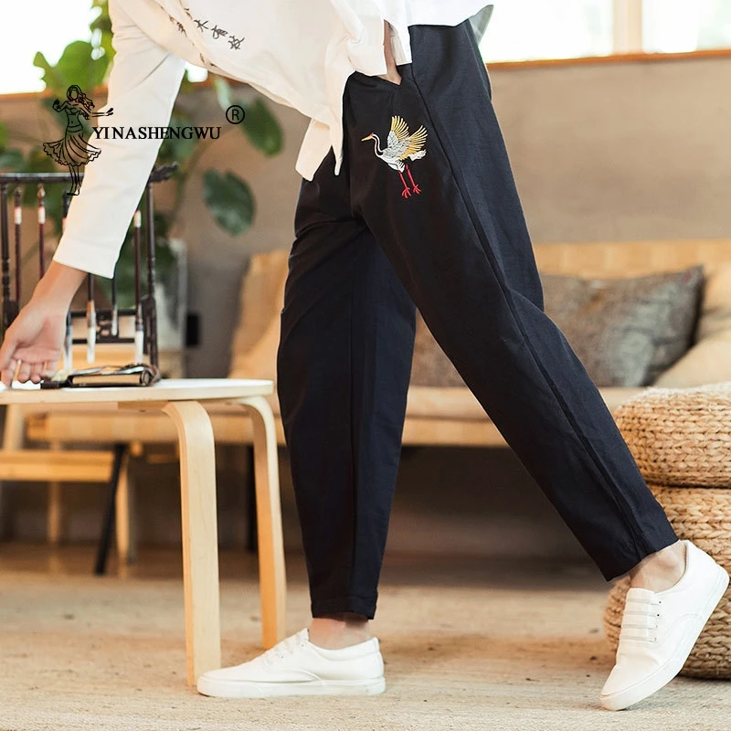 Японские штаны кран Вышивка печати мужские брюки повседневные свободные длинные брюки Азиатский костюм брюки-кимоно в японском стиле
