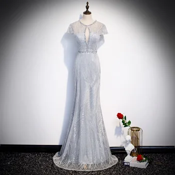 

Evening Dress Mermaid Short Sleeve Silver Robe de Soiree Women Party Formal Long Dress Plus Size