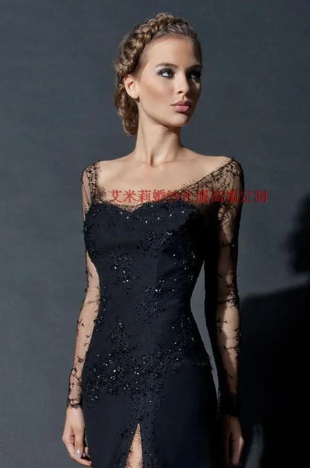 Модные Вечерние Платья с длинным рукавом, украшенные бисером, vestido de festa, новинка,, сексуальные черные кружевные платья для матери невесты