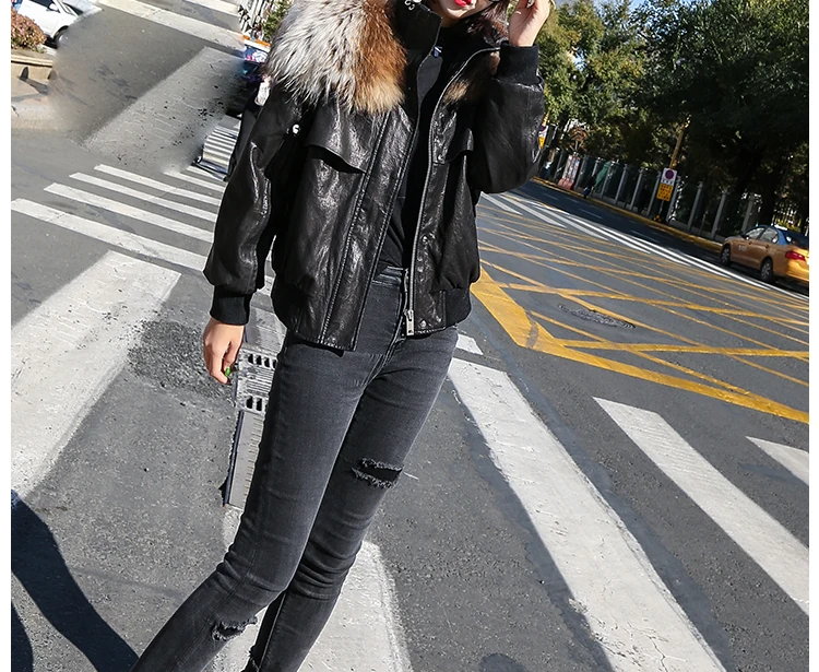 Genuine Leather Jacket Real Raccoon Fur Collar Drop Shoulder Bishop Sleeve Sheepskin Coat Women Winter Casual Oversized Outwear