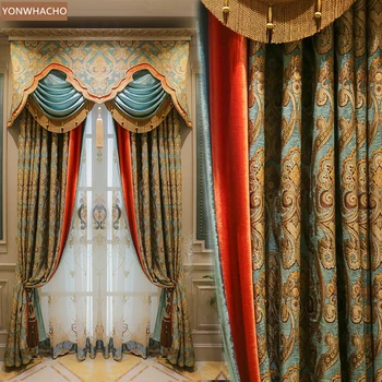 

Custom curtains European villa upscale American country rural Chenille gold blue cloth blackout curtain valance tulle panel B889