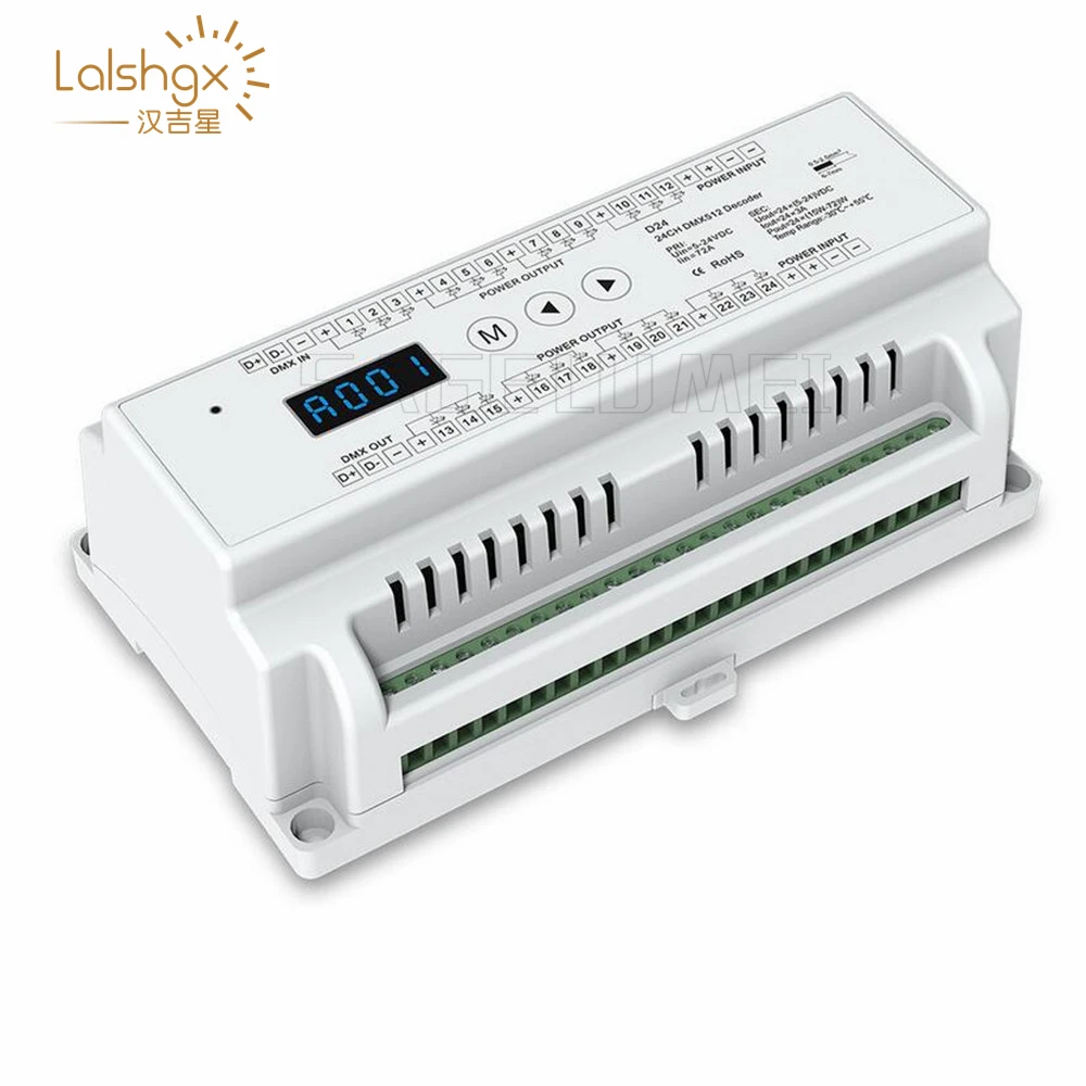 

New D24 DC5V-24V input 3A*24CH output display Din rail constant voltage 24 Channel 24CH CV DMX512 Decoder RGB Strip controller