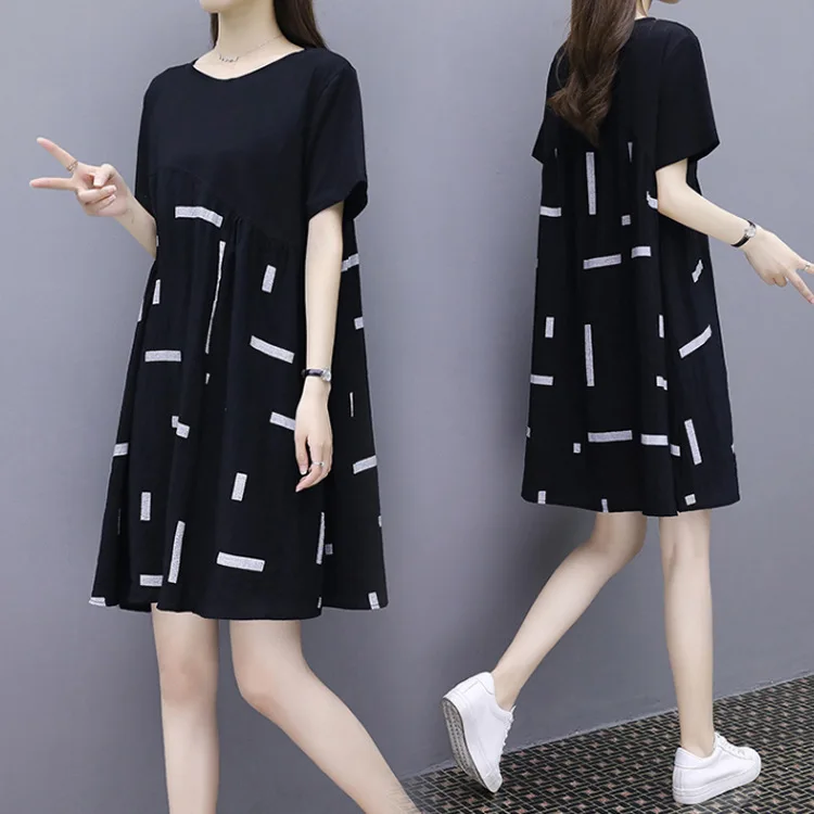 

2019 Spring Clothing New Style Spring Summer WOMEN'S Dress Large Size Loose-Fit Slimming Mid-length Dress Printed Joint GIRL'S D