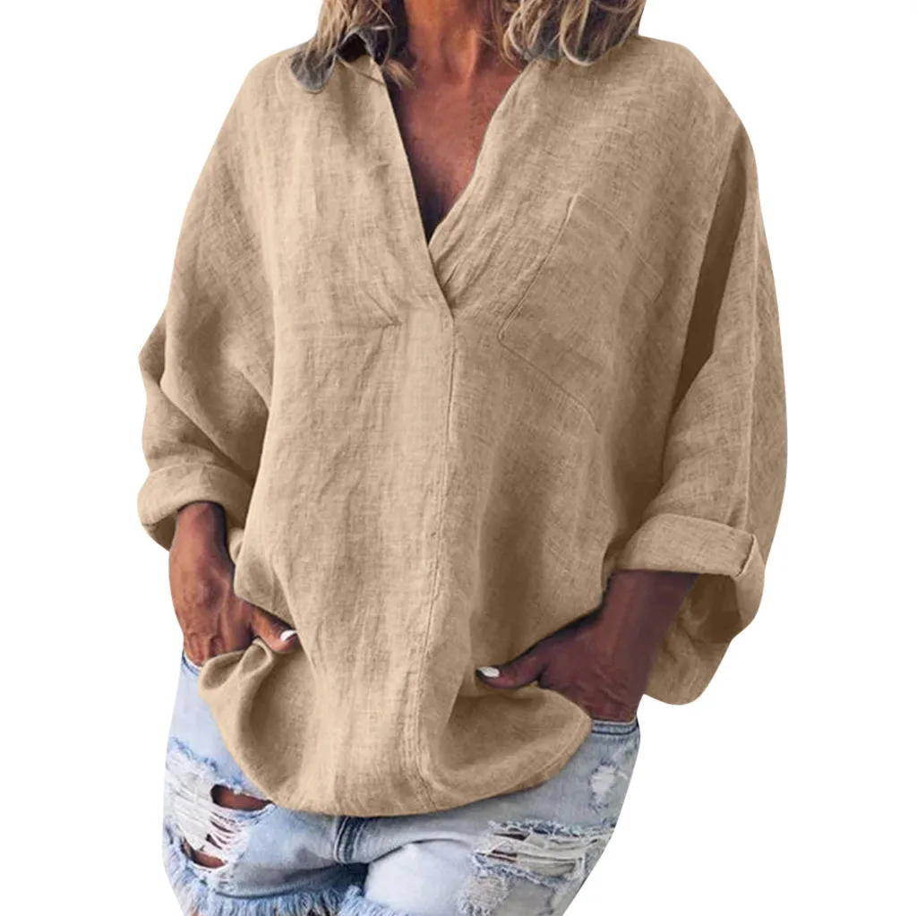 Boho женские блузки с длинным рукавом хлопок лен кафтан Женская мешковатая блузка