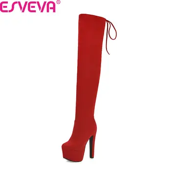 

ESVEVA 2020 Shoes Women Knee-high Boots Square High Heel Flock Leather Elegant Boots Solid Platform Motorcycle Boots Size 34-43