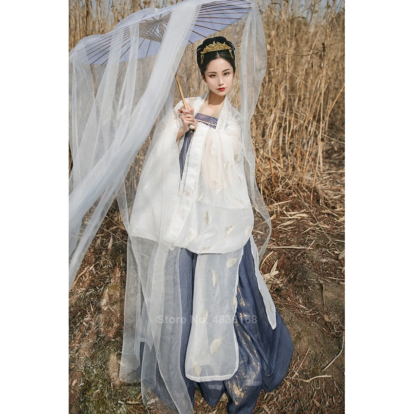Asian Chinese Style Traditional Fairy Women Female Hanfu Singer Stage Performance Shinny Golden Printed Clothing Top Skirt Set