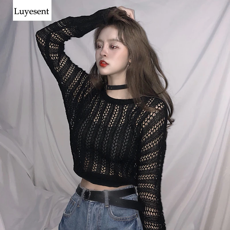 

Punk Hollow Out Women Pullover Short Length Sweater 2019 Lady See Through Gothic Solid Striped Basic Knit Top O Neck Jumpers New