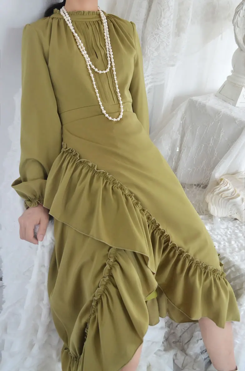 XITAO Pleated Irregular Dress Women Fashion New Autumn High Waist Cascading Ruffle Full Sleeve Minority Dress DMY1175
