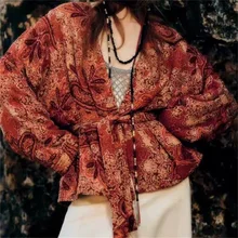 MESTTRAF Women 2021 Fashion With Belt Paisley Print Kimono Cotton  Coat Vintage Long Sleeve Pockets Female Outerwear Streetwear