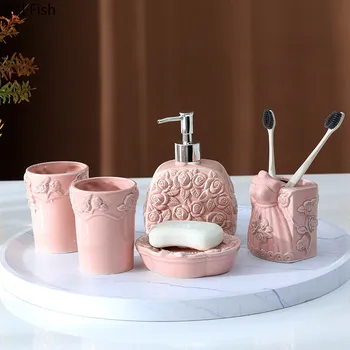 

Northern Europe Ceramics Relief Bathroom Five-piece Suit Mouthwash Cup Toothbrush Holder Liquid Soap Bottle Household Wash Set