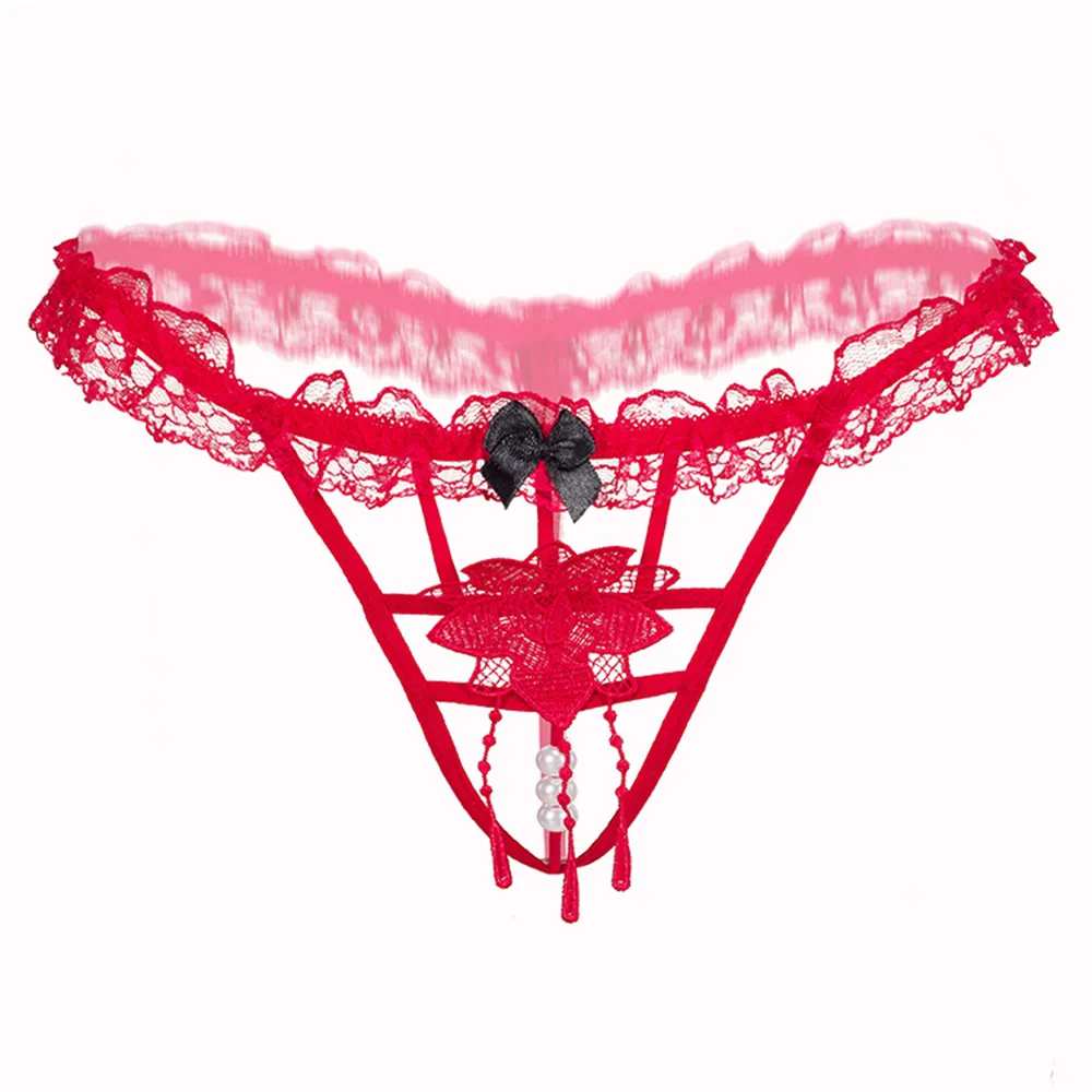 red Erotic Hollow Embroidered Panties Low Waist Seamless Lace G-String Pearl Transparent Thongs T-pants - Цвет: red