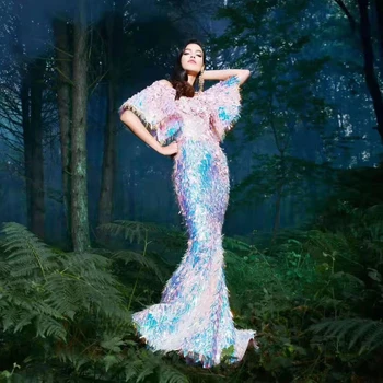 

Elegant Mermaid Evening Party Dress Celebrity Shining Sequined Maxi Vestidos Women Short Sleeve Autumn Dress Dropshipping
