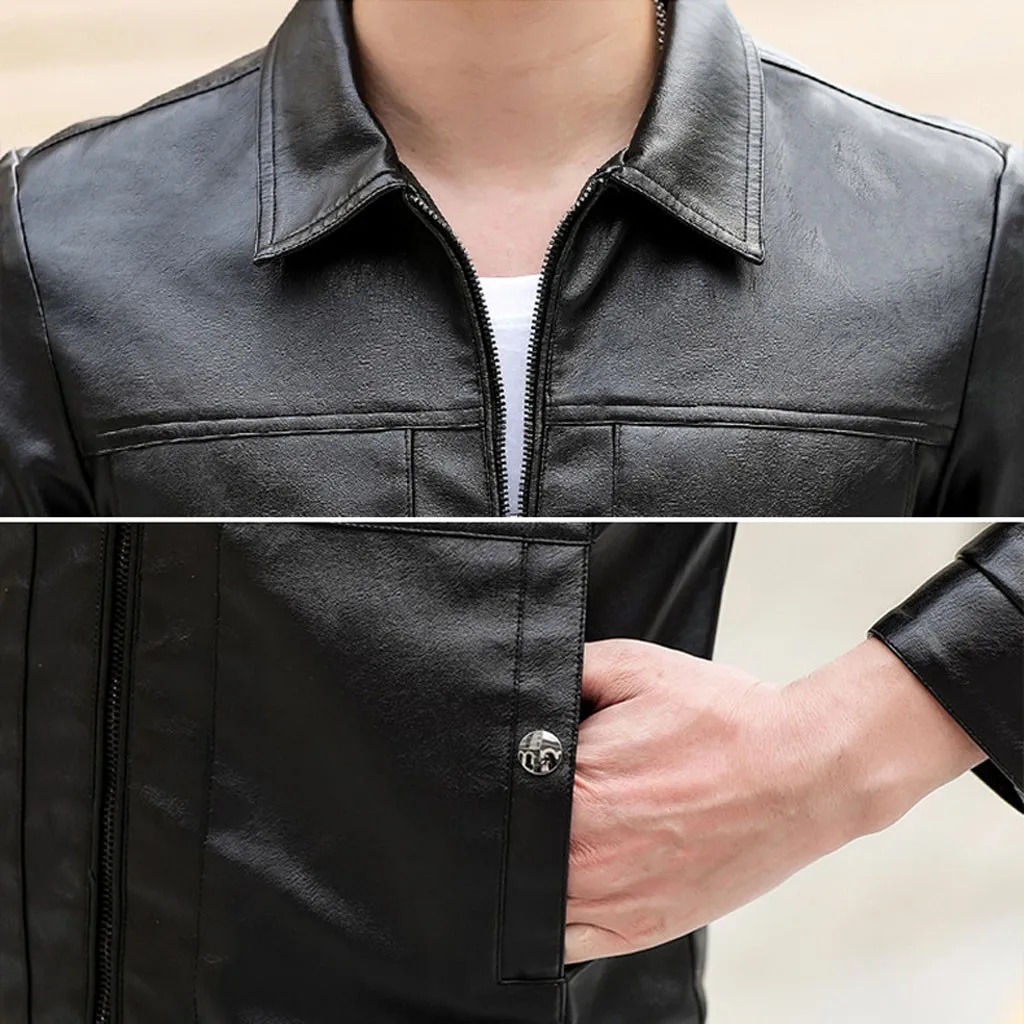 Мужская кожаная куртка осень зима кожаная курка мужская jaqueta de couro masculino Байкерская мотоциклетная куртка на молнии с длинными рукавами#3
