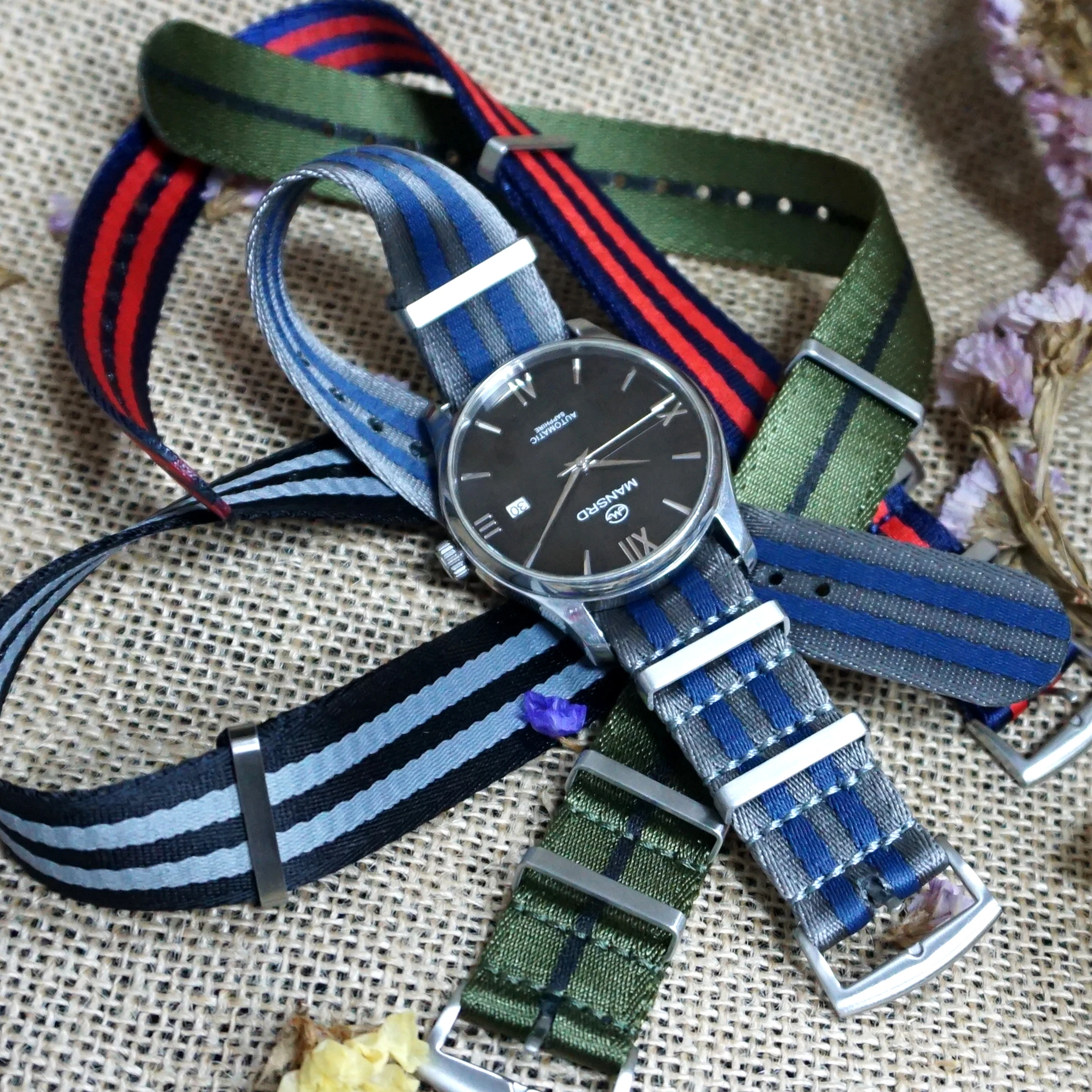 20 22 mm Blue Grey Striped Nato Strap for Army Sport Watch Nylon Watchband Strap On 2