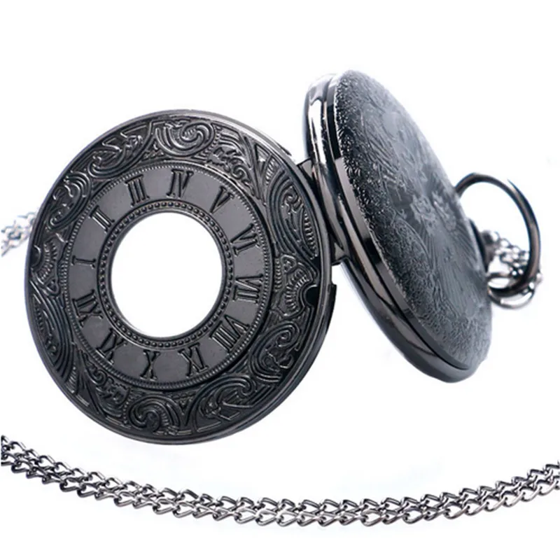 Черный Pocketwatch винтажные шармунисекс модные римские цифры Кварцевые в стиле стимпанк женские карманные часы мужское ожерелье с подвеской с