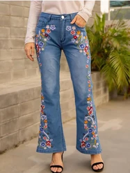 Calças de brim femininas bordadas magro ajuste emagrecimento casual lavado bell bottom calças jeans para mulher alargamento calças femininas