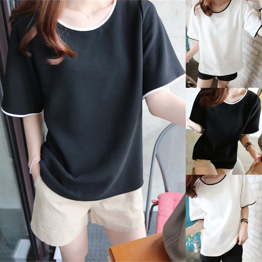 Xavigio_Women Tops Womens Short Sleeve O-Neck Color Block Splice Casual Loose Basic T Shirts Tunic Tee Tops 