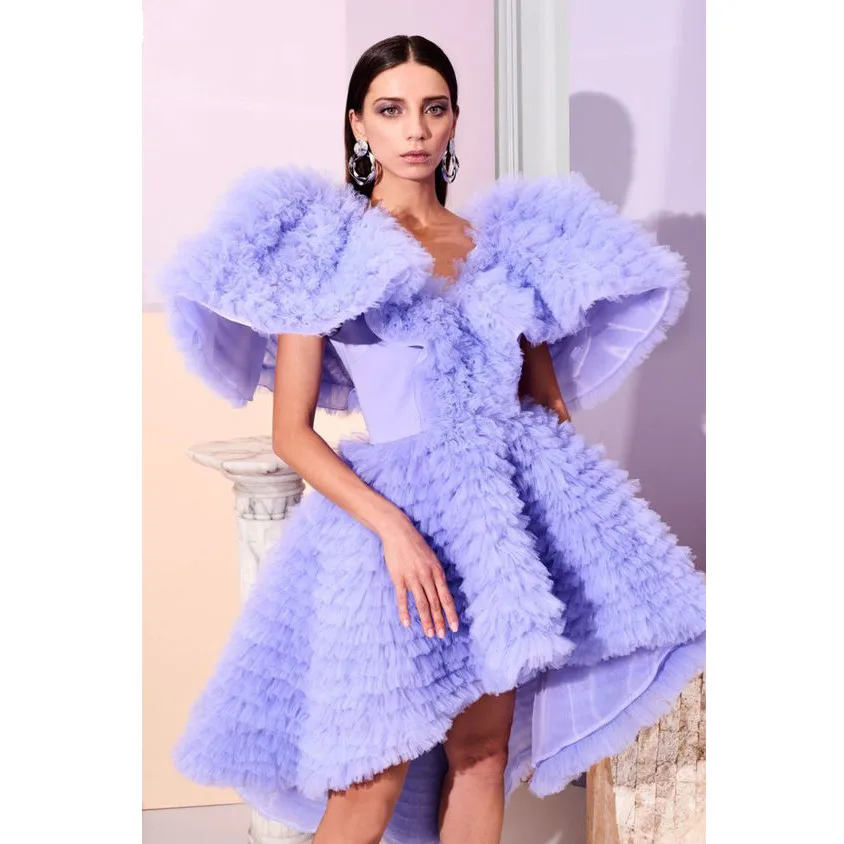 Hippie Style Women Short Prom Dresses High Low Puffy Sleeve V Neck Chic Cocktail Dress Girl Formal Occasion Gowns Lavender | Свадьбы и