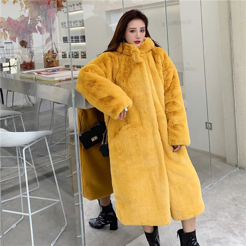 Женское длинное плотное зимнее пальто из искусственного меха, теплое однотонное пальто с длинным рукавом, мягкое Свободное пальто с капюшоном, женская верхняя одежда, куртки