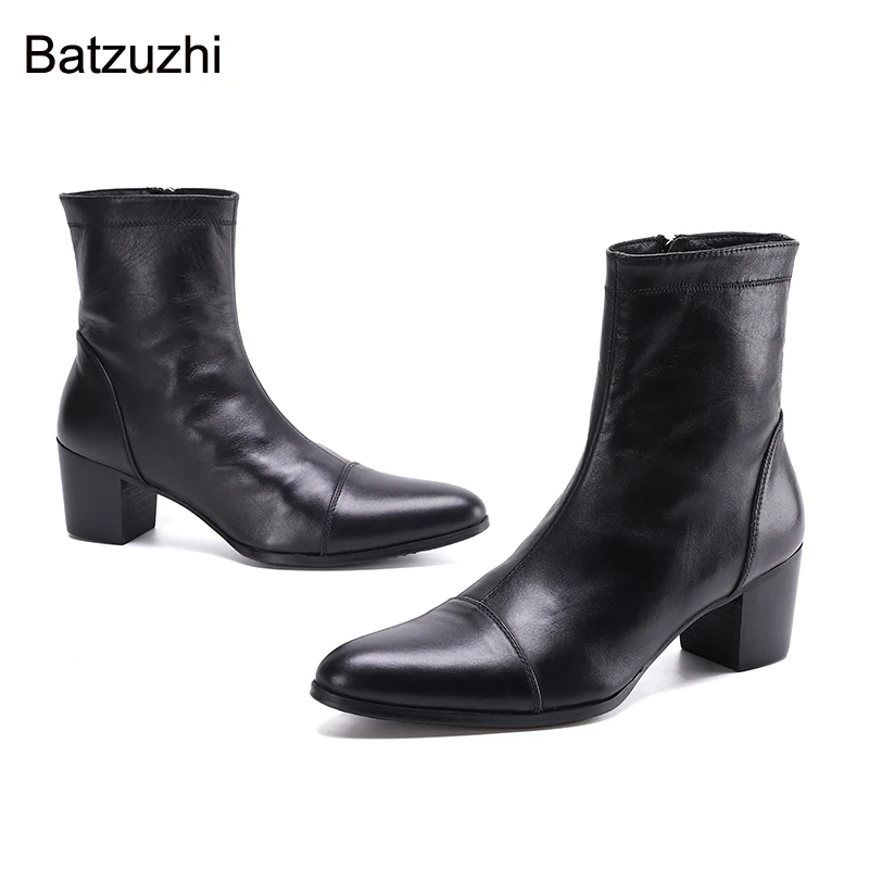 

Мужские ботинки Batzuzhi на высоком каблуке 7 см, красивые настоящие мужские черные ботинки В рыцарском стиле до щиколотки, мужские ботинки для вечеринки/свадьбы, искусственная кожа!