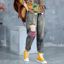 Новые осенние джинсы с эффектом поношенности и вышивкой с героями мультфильмов длинные штаны для девочек