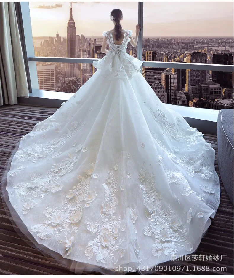 Vestidos de noiva, бальное платье принцессы с круглым вырезом, свадебное платье с кружевной аппликацией и длинным шлейфом, роскошное платье невесты, сексуальное платье с открытой спиной