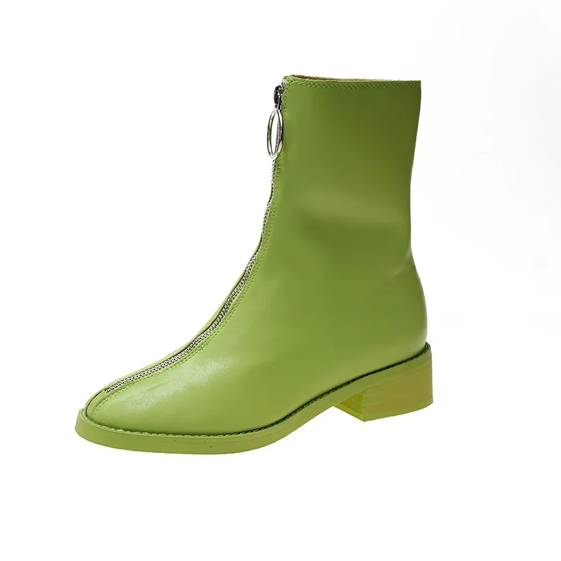 Брендовые женские мотоциклетные ботинки из толстой кожи на молнии спереди; Ботинки Martin до середины икры в британском стиле; осенние тонкие ботинки ярких цветов - Цвет: green