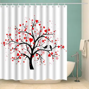 

Shower Curtain Love Tree Bird Red White Fashion Bath Accessories with 12 Hooks Waterproof Polyester Fabric Bathroom Decoration