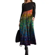Longue robe de soirée à imprimé Floral pour femmes, élégante, col rond, coupe trapèze, manches longues, rétro, automne hiver 2020 