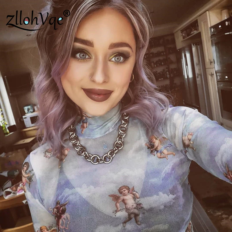 Zllohvqe Sexy T Shirt See Through Transparent Mesh Tops Long Sleeve Sheer Slim Ladies Turtleneck Print T-shirt Women