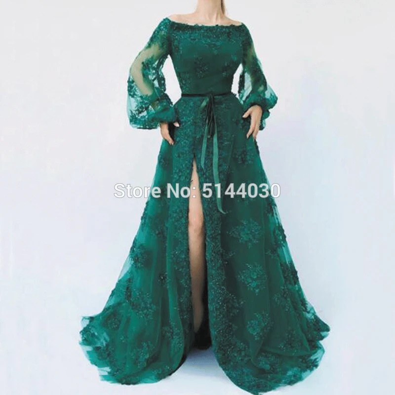 Green Lace Evening Dresses Long Sleeve Arabic Party Gown Sexy Slit Evening Gowns Dubai High Slit