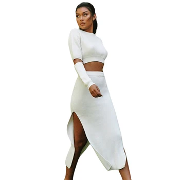 

Dropshipping Women Fashion Sexy Solid Color O Collar Navel Top Irregular Two-sided Split Skirt Suit Women's Sets