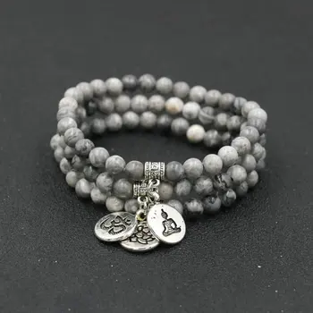 Buddhism Tibetan Meditate Buddha Bracelet Men Grey Onyx Beads Bracelet Lotus Flower Charm Bracelets For Women Jewelry Pulseira