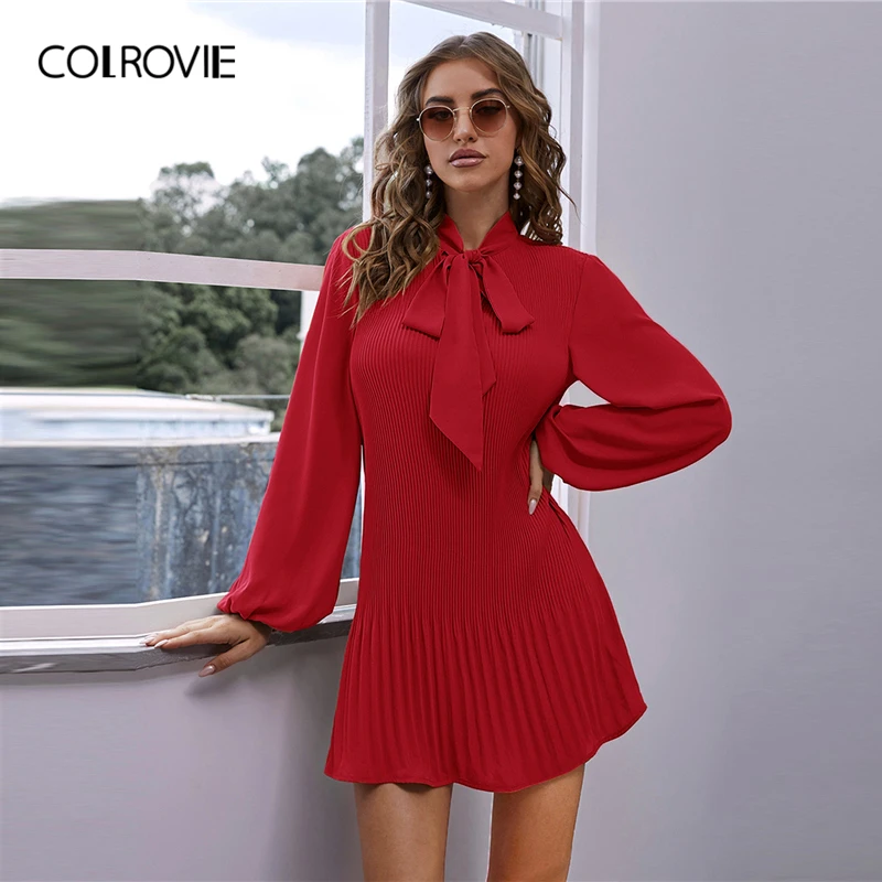 

COLROVIE Red Tie Neck Lantern Long Sleeve Pleated Dress Women Autumn Office Lady Elegant Tunic Solid Mini Dresses