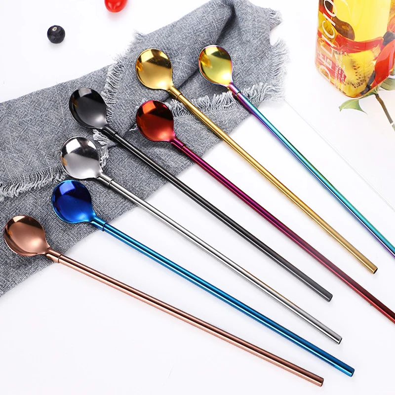 Multicolor Stainless Steel Long Metal Drinking Straw Spoon 266mm