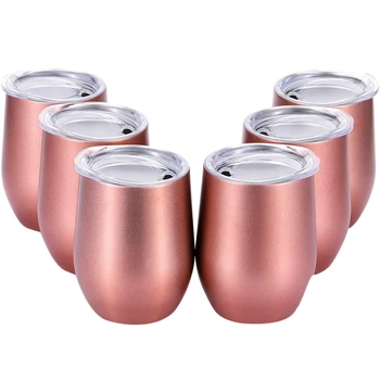 

New 1 Set 6 Pcs 12 Oz Unbreakable Drinkware Stemless Wine Tumbler Stainless Steel Triple-Insulated Vacuum Wine Glass Cup with Li