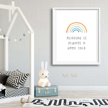 

Reading is Always a Good Idea Quotes Poster Hd Print Child Room Playroom Wall Decor Cartoon Rainbow Wall Art Canvas Painting