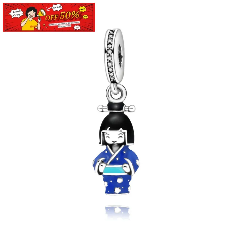 925 Sterling Silver Pendant Kawaii Kimono Little Girl Dangle Charm Fit Original Pandora Bracelets DIY Women Fashion Jewelry 2